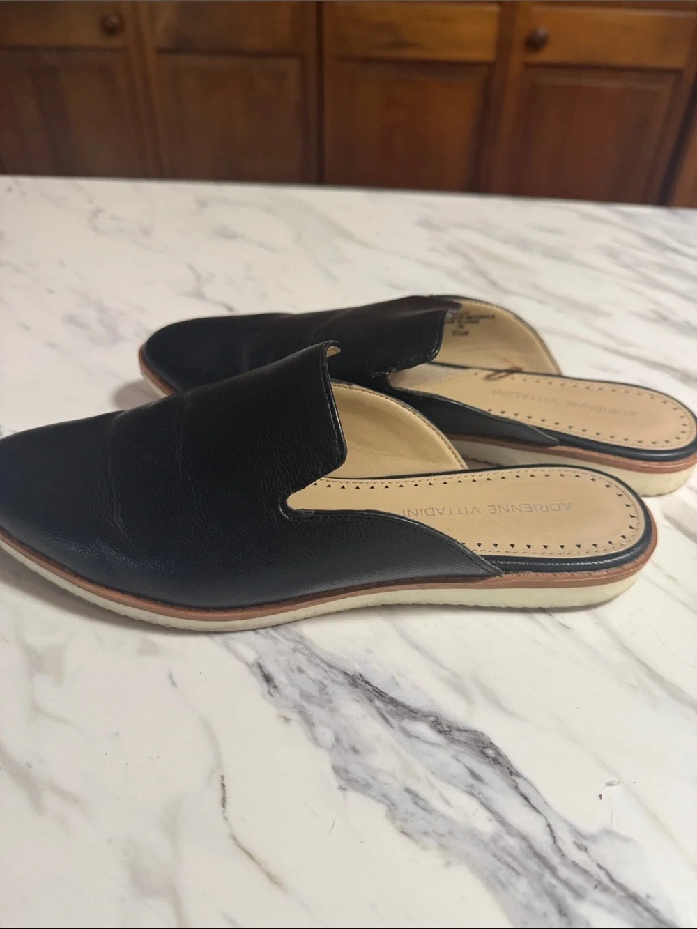 Adrienne Vittadini Black Pointed Leather Slip-On Mules